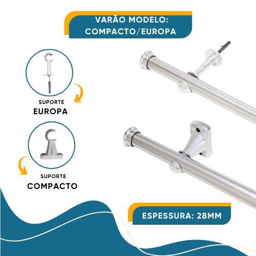 Varão para Cortina 28mm Cromado  Compacto/Europa Tamanhos Variados em Oferta na Shopee