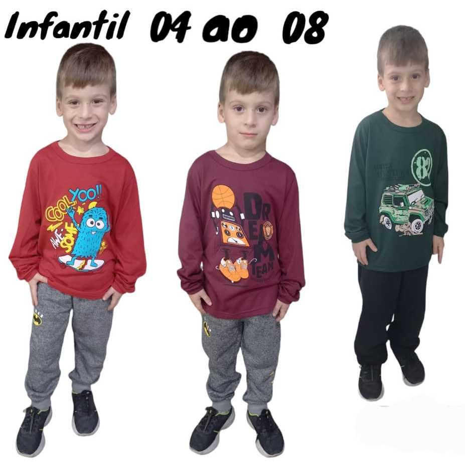 Kit 3 Camiseta Infantil Menino Manga Longa Inverno Cores e Estampas Sortidas 04 ao 08 100% Algodão