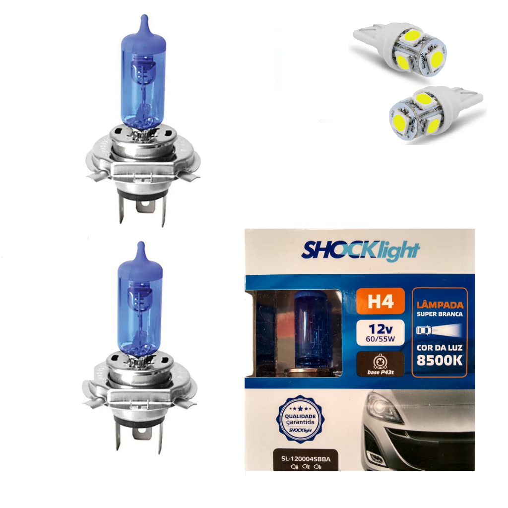 Lâmpadas Super Branca 8500k Farol Baixo Alto Lanterna Shocklight H4 + Pingo T10