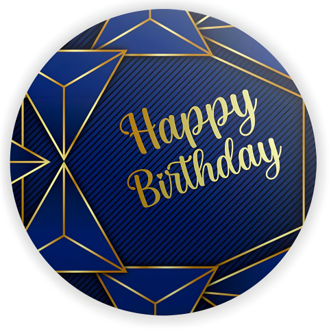 Painel Festa Infantil Redondo Happy Birthday, fundo azul listrado geométrico dourado + Arco, Suporte incluso. Fazemos personalizado com qualquer tema. Confeccionado em Lona fosca, impressão de alta resolução. cenário Circular p/ Decoração