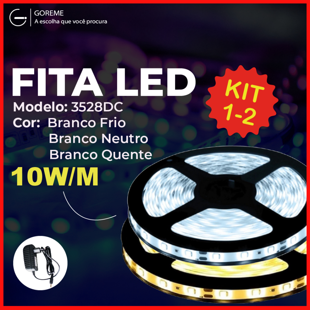 Fita LED 3528 Super Led Ultra 5M a prova d'água 600 Leds + Fonte | Luz Branca e Luz Neutro | IP20 (Acompanha Fonte) em Oferta na Shopee