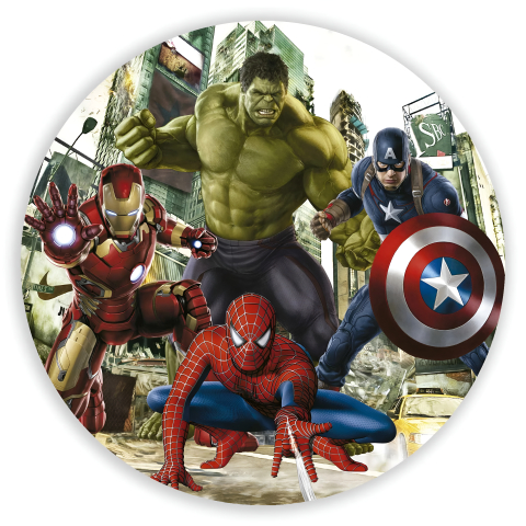 Painel Festa Infantil Redondo Heróis, Capitão América, Homem Aranha, Hulk e Homem de Ferro + Arco, Suporte incluso. Fazemos personalizado com qualquer tema. Confeccionado em Lona fosca, impressão de alta resolução. cenário Circular p/ Decoração
