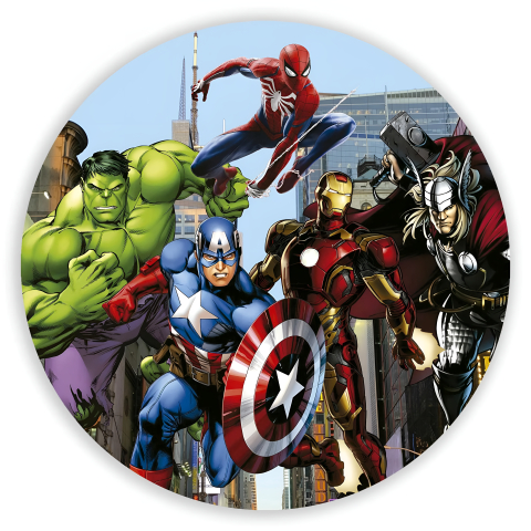 Painel Festa Infantil Redondo Desenho de Heróis, Capitão América, Homem Aranha, Hulk e Homem de Ferro + Arco, Suporte incluso. Fazemos personalizado com qualquer tema. Confeccionado em Lona fosca, impressão de alta resolução. cenário Circular p/ Decoração