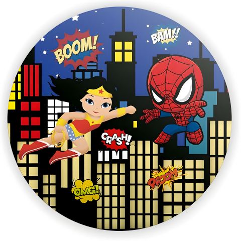 Painel Festa Infantil Redondo Mulher Maravilha, Homem Aranha  + Arco, Suporte incluso. Fazemos personalizado com qualquer tema. Confeccionado em Lona fosca, impressão de alta resolução. cenário Circular p/ Decoração