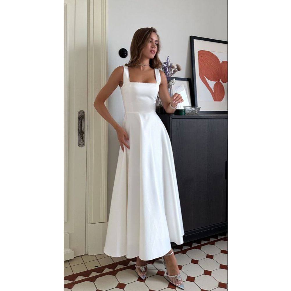 vestido midi noiva civil festas decote quadrado