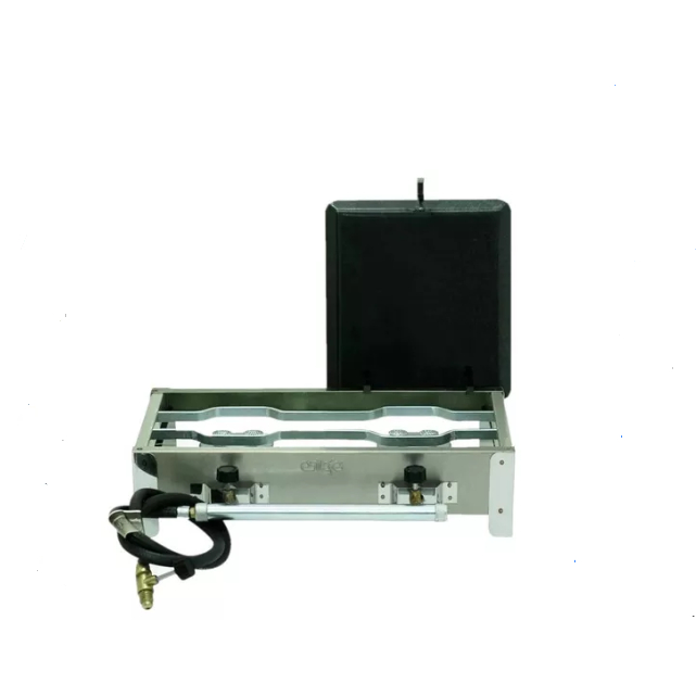 Fogão Fogareiro Inox Caminhão 2 Bocas Kit Gás Com 1/2 Chapa Reforçado Pesca Camping Caminhoneiro