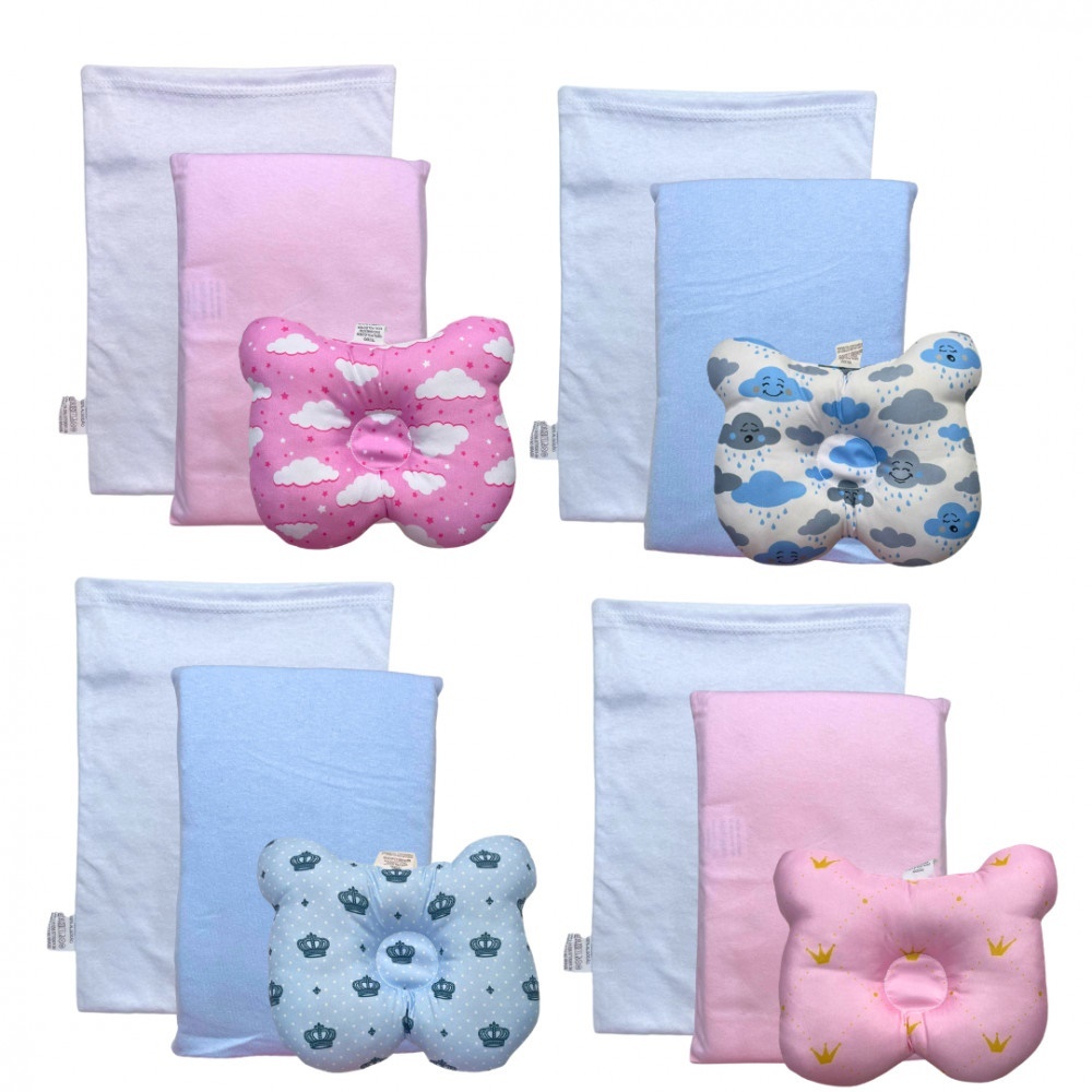 Kit Travesseiro Anatomico Anti Sufocante Fronha Bebe Infantil - Azul/Rosa