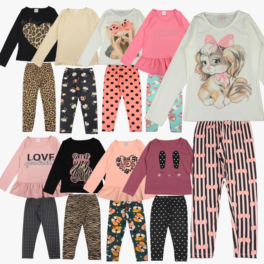 Kit Sortido 8 Peças de Roupas Feminino Infantil Meia Estação 4 Blusas manga longa e 4 Legg...