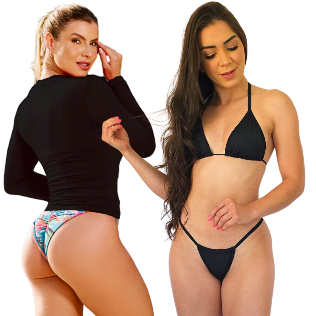 Conjunto Biquíni Fio Dental Cortininha Feminino Blusa Térmica Proteção Uv50+ Manga Longa Moda Praia