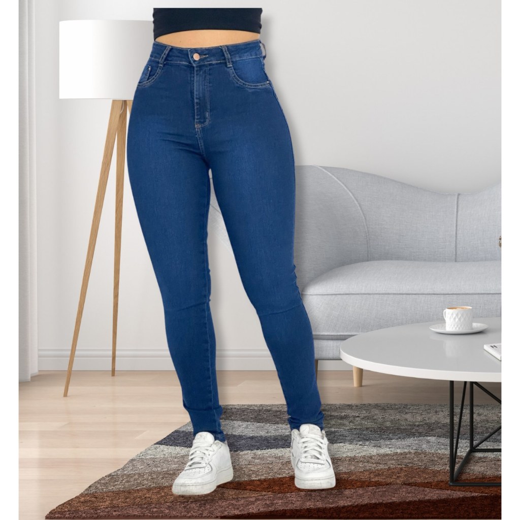 Calça Jeans Feminina Cintura Alta Tecido Encorpado Premium Cós alto Muito Elastano Blogueira em Oferta na Shopee