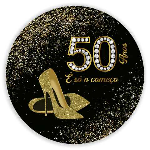 Painel Festa Infantil Redondo 50 a Idade só o Começo, Sapatos Dourados + Arco, Suporte incluso. Fazemos personalizado com qualquer tema. Confeccionado em Lona fosca, impressão de alta resolução. cenário Circular p/ Decoração
