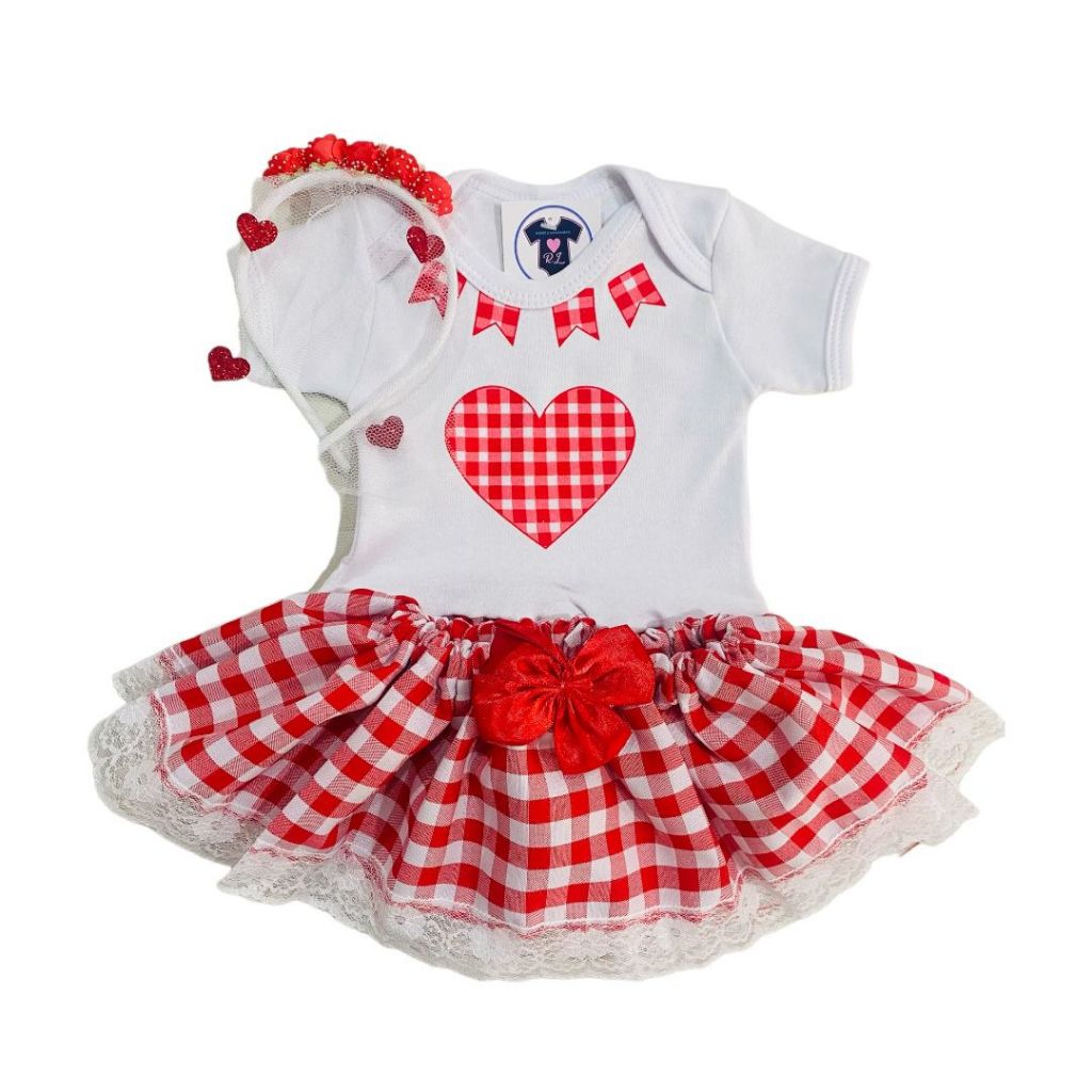Body Bebe -  Festa Junina  Noiva  + Tiara com Véu +  Tutu Luxo - Temático