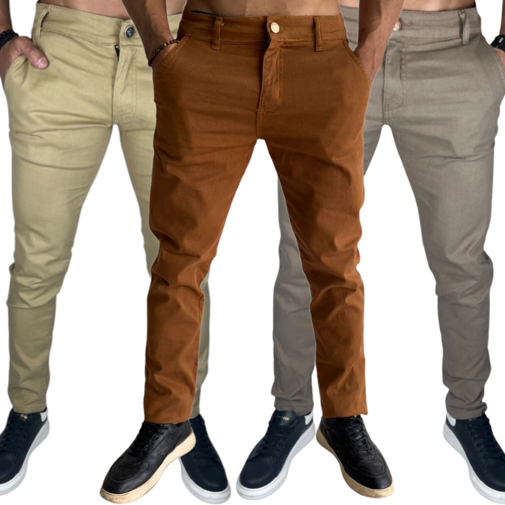 Kit 3 Calças Sarja Masculino Lycra Skinny Social Alfaiataria com Bolso Embutido