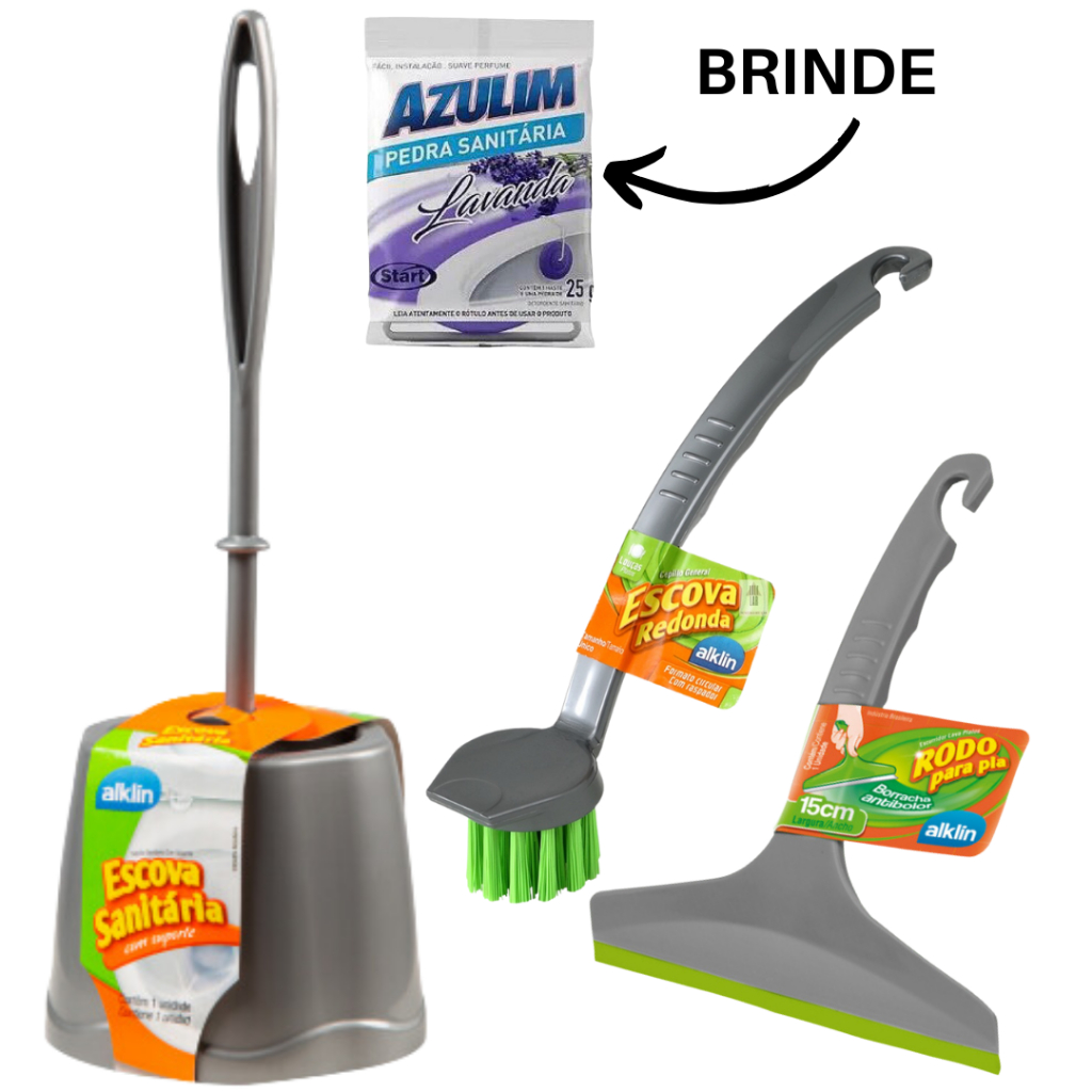 Escova Sanitária + Escova com Cabo + Rodo de Pia + Pedra Sanitária Kit Limpeza Completa Alklin