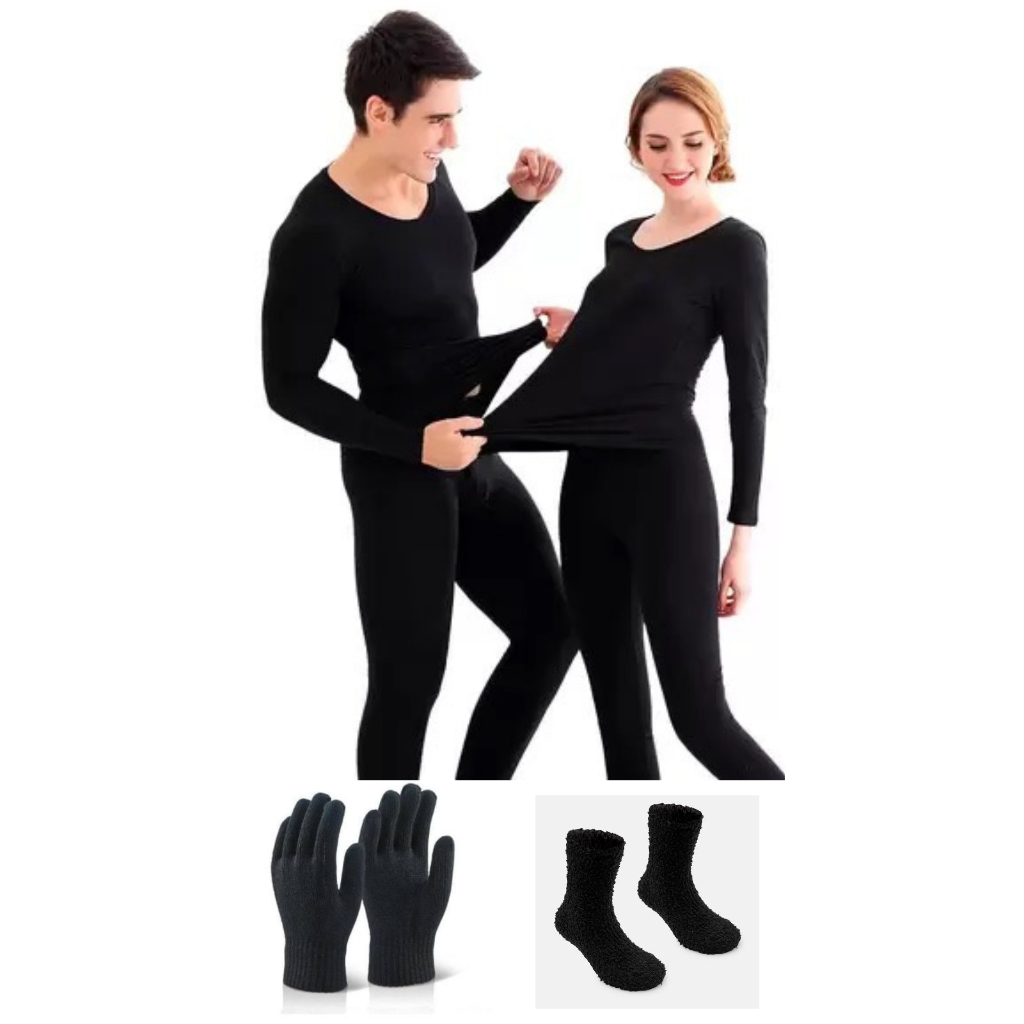 Roupa Térmica Segunda Pele Peluciada meia luva Proteção Uv Conjunto preto forrado blusa calça pijama longo comprido calsa