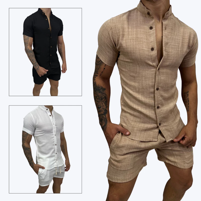 Conjunto Camisa Social Manga Curta Gola Padre de Linho e Short De Linho Masculino Básico Mauricinho Alta Qualidade