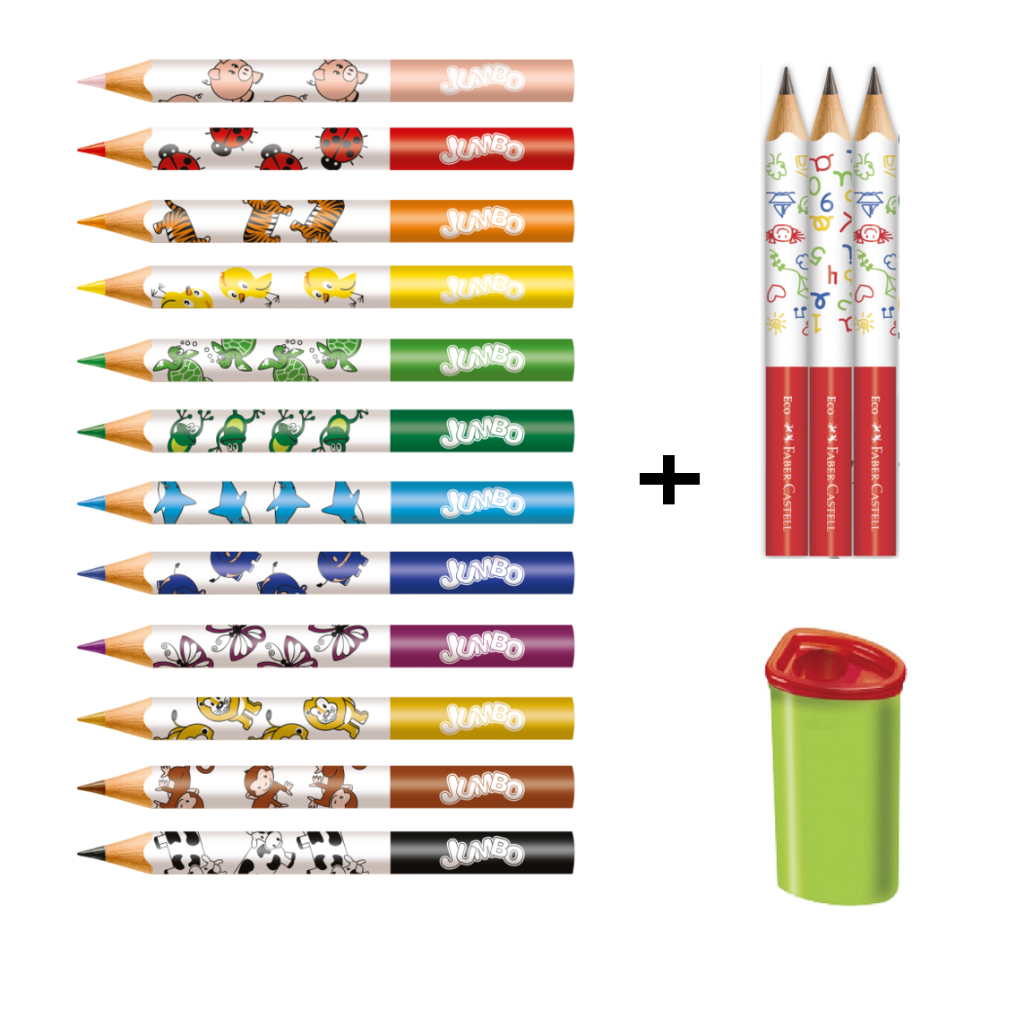 Kit Jumbo Faber-Castell 12 Lápis Jumbo Coloridos + 03 Lápis Jumbo Grafite + Apontador