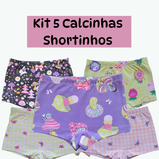 Kit 5 Calcinha Shortinho Box Boxer Menina Infantil Malha Cottom Premium Confortavel  2 a 10 Anos