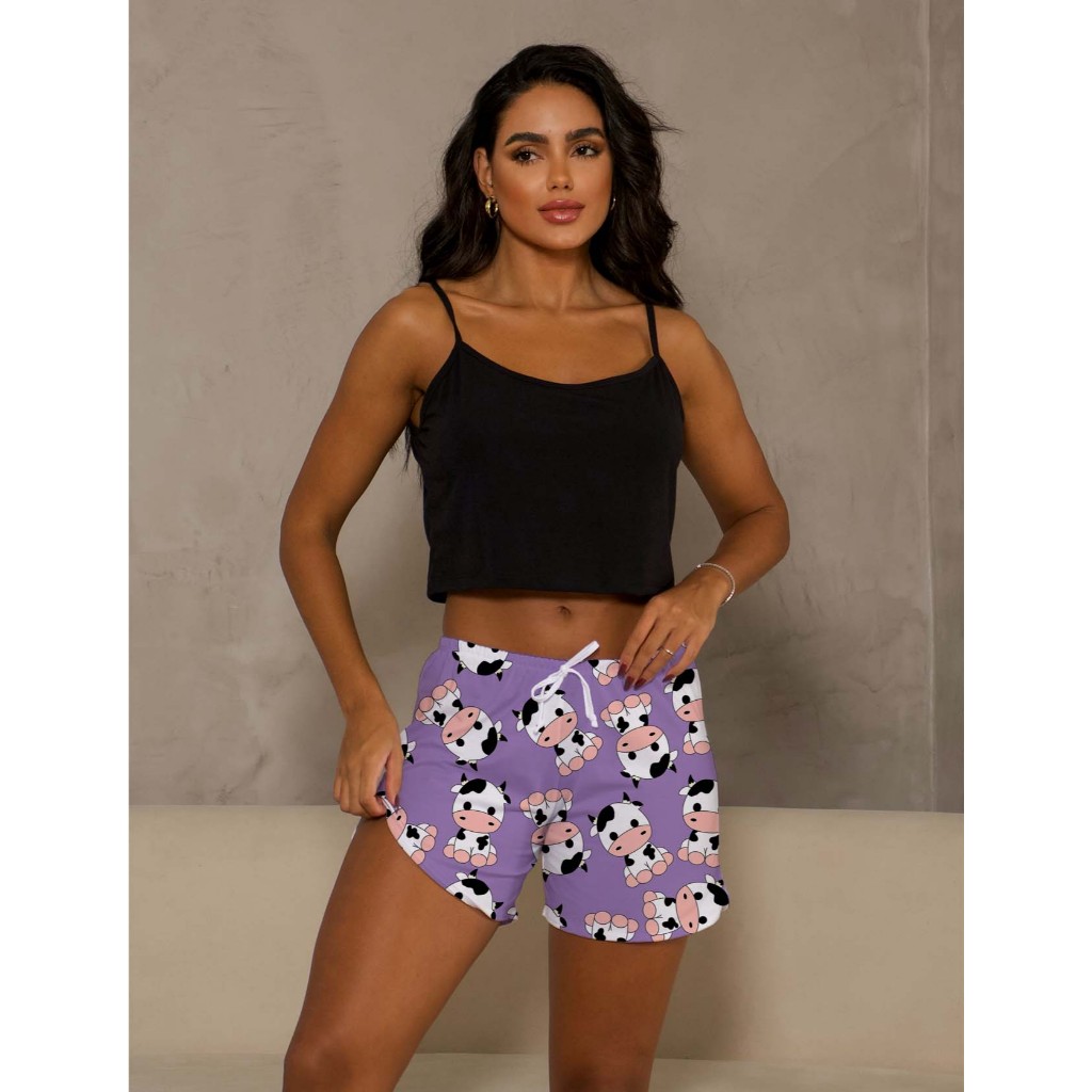 Cropped Feminino Preto Kit Baby Doll Estampado Lilás