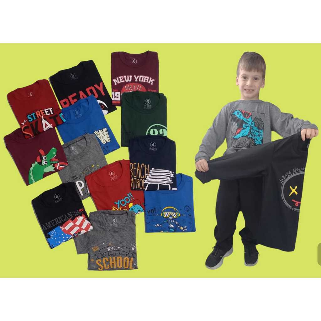 Kit 4 Camiseta Infantil Menino Manga Longa Inverno Cores e Estampas Sortidas 04 ao 08 100% Algodão