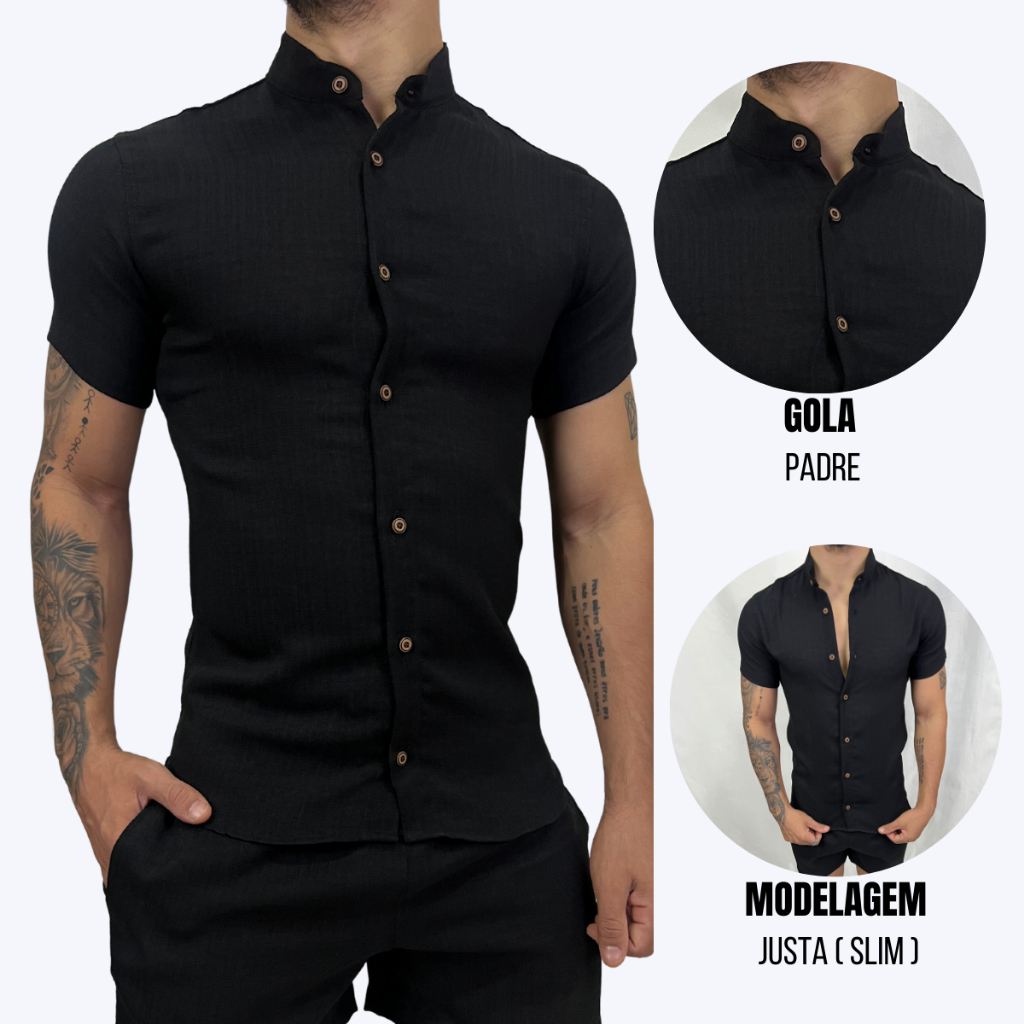 Camiseta Social Manga Curta Gola Padre Com Algodão Masculina Slim Fit Gola Padre Blusa Linho em Oferta na Shopee