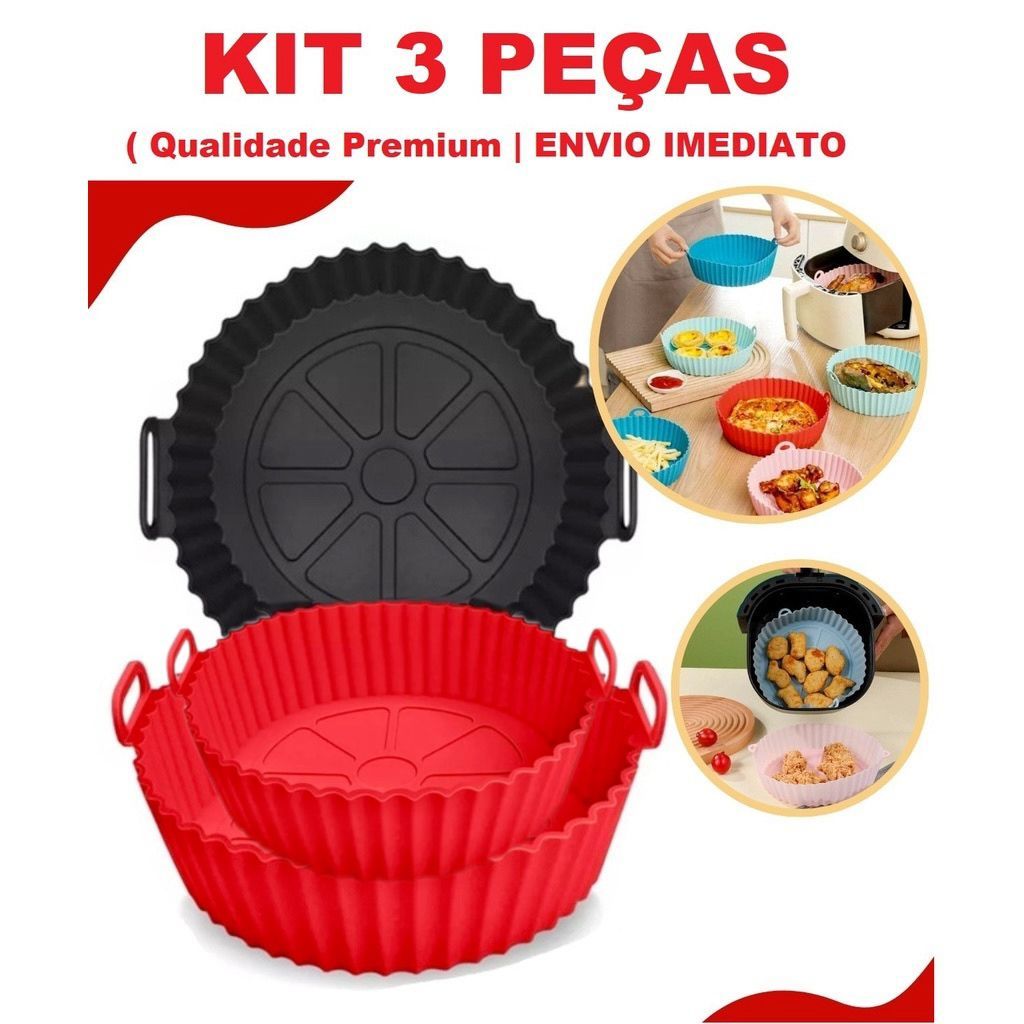 KIT 3 Forma De Silicone Para Air Fryer Forno Microondas Fritadeira Assadeira – Reutilizável Antiaderente Flexível