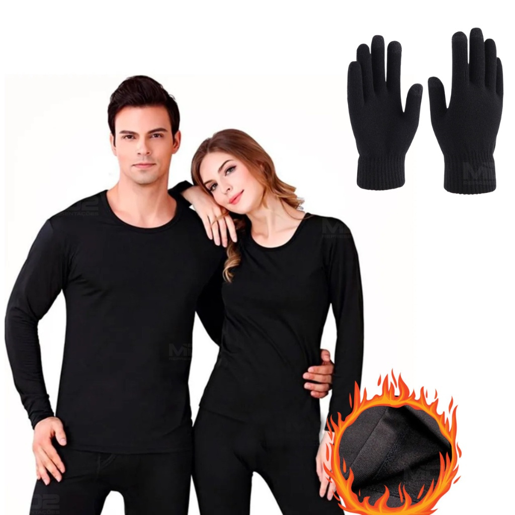 Conjunto Segunda Pele com luva Masculino Feminino Térmica Flanelado Frio Intenso pijama longo comprido confortavel camisa calca