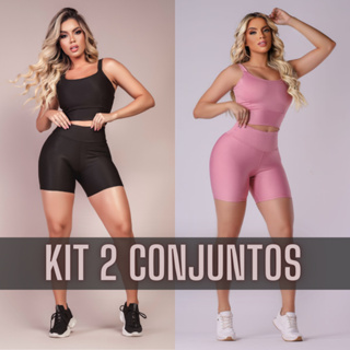 Kit 2 Conjunto Fitness Short e Cropped - Conjunto Academia Cintura Alta em Oferta na Shopee