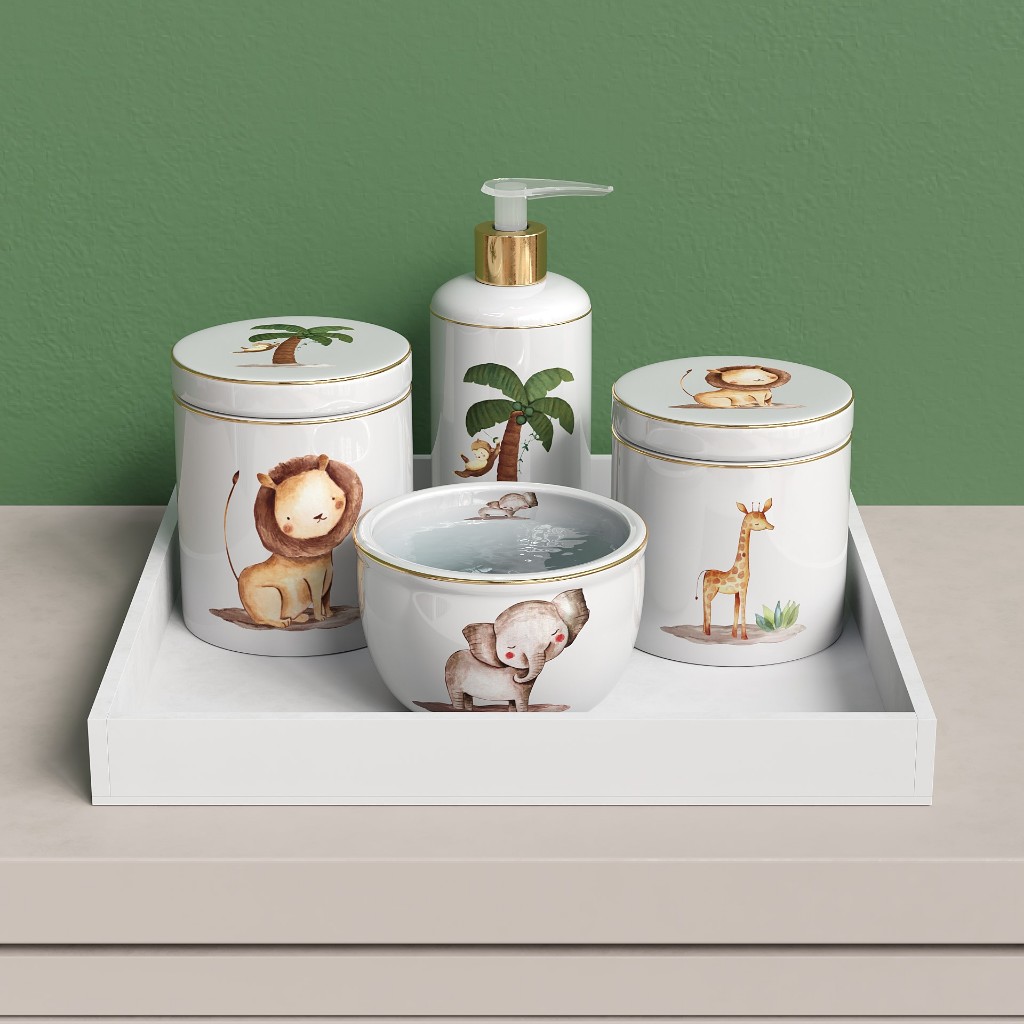 Kit Higiene Bebe Safari 5 Pecas Porcelana Com Filete Ouro