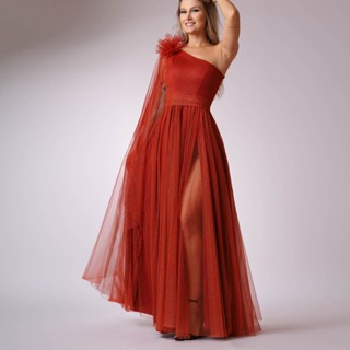 Vestido longo de festa madrinha em tule com flor tecido ox044 em Oferta na Shopee