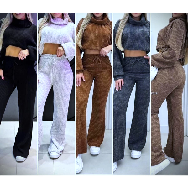 CONJUNTO FEMININO CALÇA PANTALONA + CROPPED COM ELASTICO NA CINTURA GOLA ALTA MANGA MORCEGO EN TESIDO LANZINHA