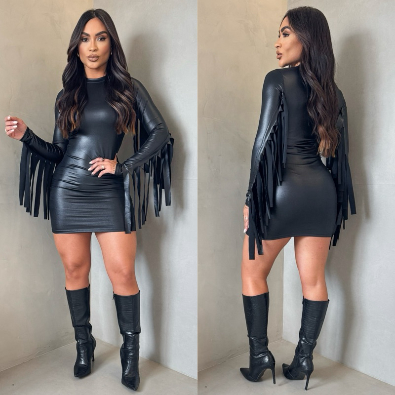 Vestido Country Manga Longa com Franjas em Cirrê | P ao GG