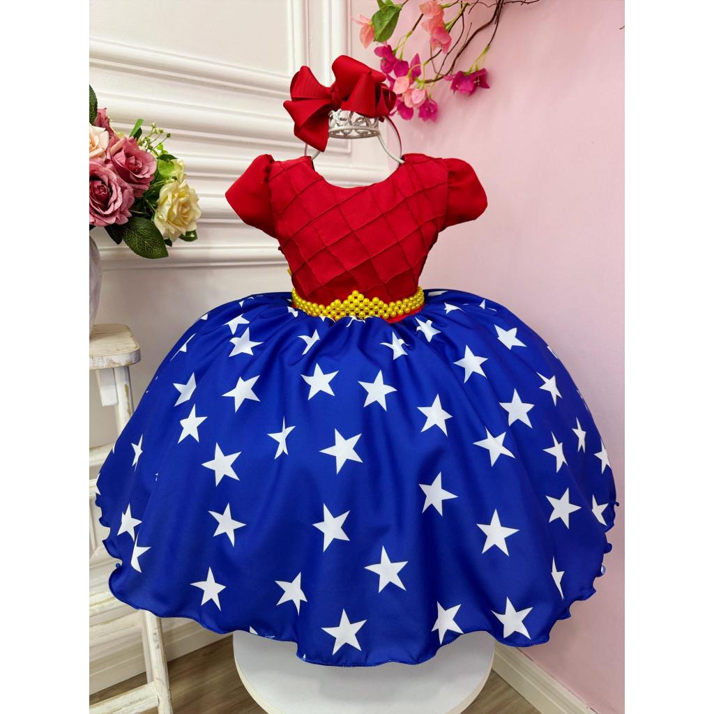 Vestido Mulher Maravilha De Festa Infantil Temático Fantasia 1 Ao 12 anos