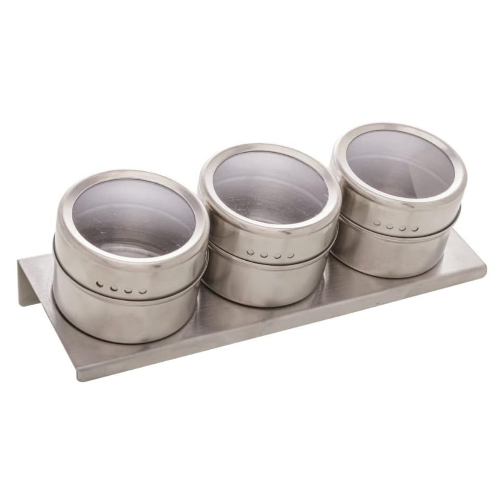 Conjunto 3 Porta Temperos de Aço Inox com Suporte Imantado - Lyor