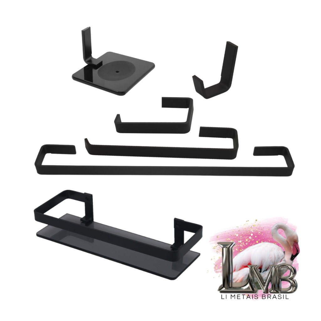 Kit Acessórios Banheiro Luxo 5 Peças Preto Fosco (com porta-shampoo)