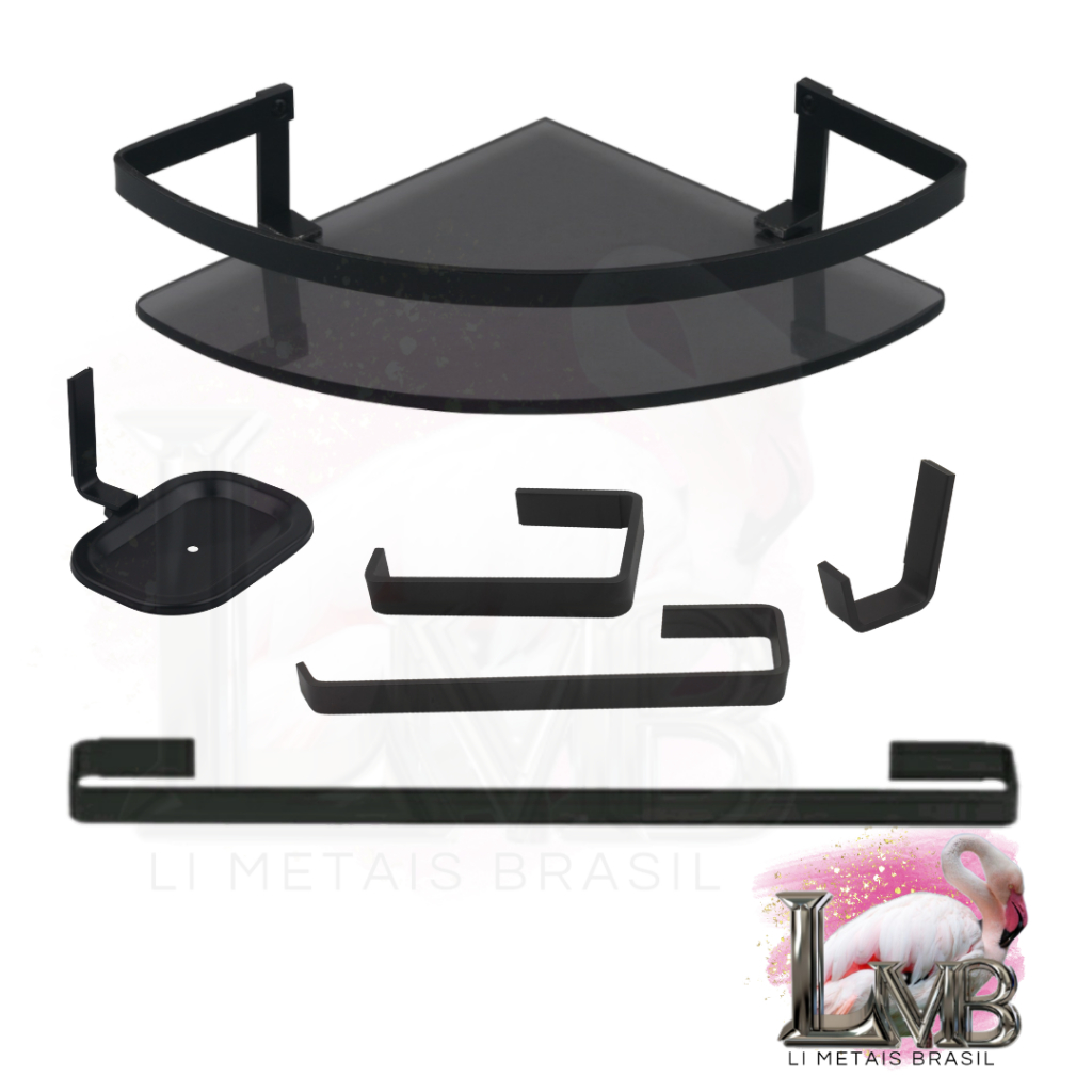 Kit Para Banheiro, Toalha, Sabonete, Parede, stander preto fosco e Porta shampoo Vidro Canto