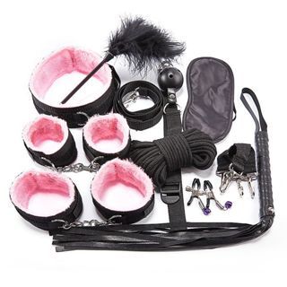 Kit BDSM 10 Peças Mordaça Corda Venda Chicote Algemas Amarras Fetiche em Oferta na Shopee