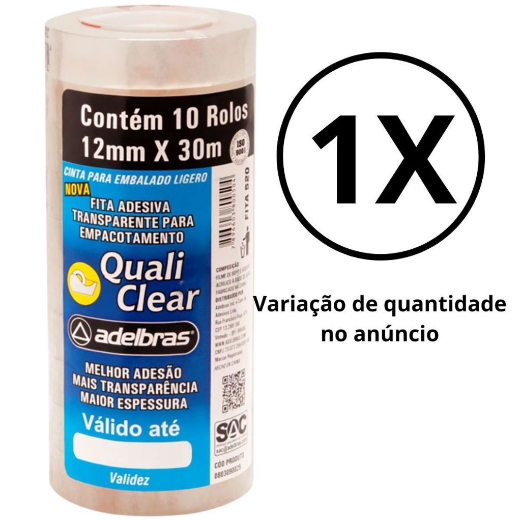 Fita adesiva Quali Clear 12mmx30m Transparente Adelbras Pacote C/ 10 Unidades em Oferta na Shopee