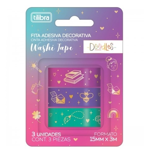 Kit 3 Fitas Adesivas Washi Tape 15mmx5m Doodles Geométrico