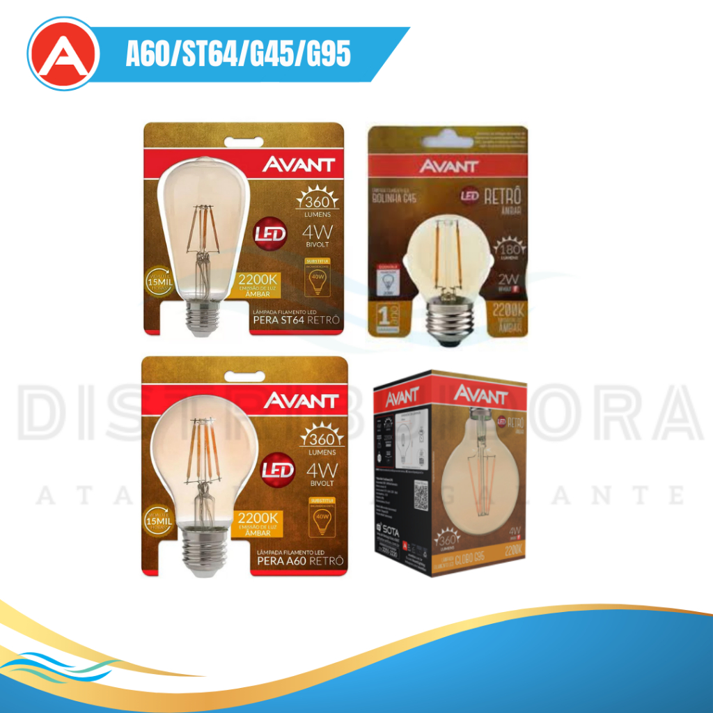 Lampadas Retro Pera ST64 - Bolinha G45 - Pera A60 - Globo G95 4w - 22000k Âmbar Avant