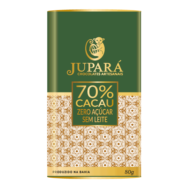 Barra de Chocolate Amargo Jupará 70% cacau Zero Açúcar, Sem Leite, Lactose e Glúten - 80g