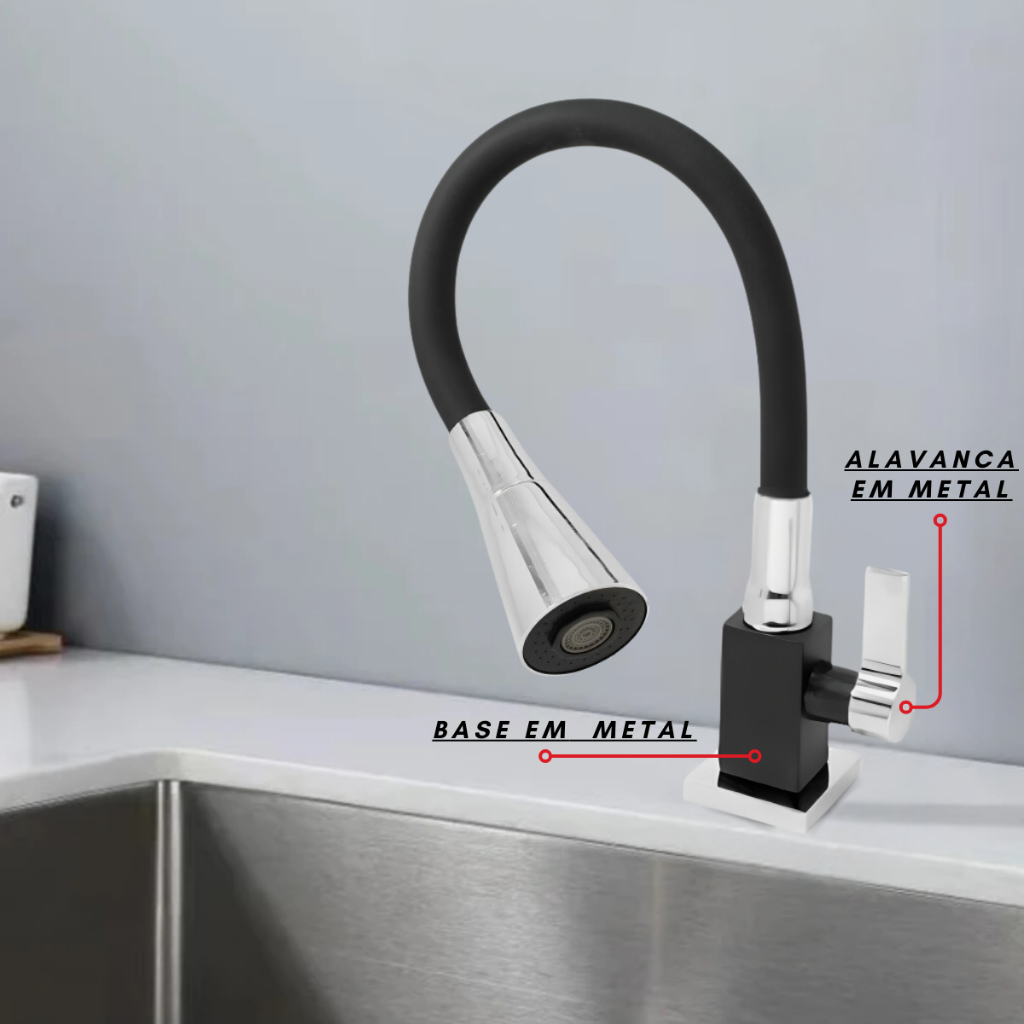 Torneira de Pia Cozinha Mesa Bancada Gourmet Quadrada Flexível 2 Jatos Preta E Cromada