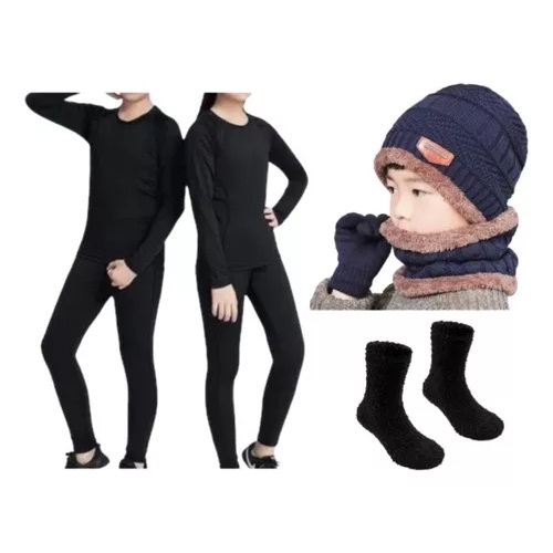 Blusa+calça Térmica meia touca luva cachecol Infantil Forro Peluciado Criança Agasalho preto pijama flanelado CAMISA CALSA JUVENIL NEVE FRIO INTENSO