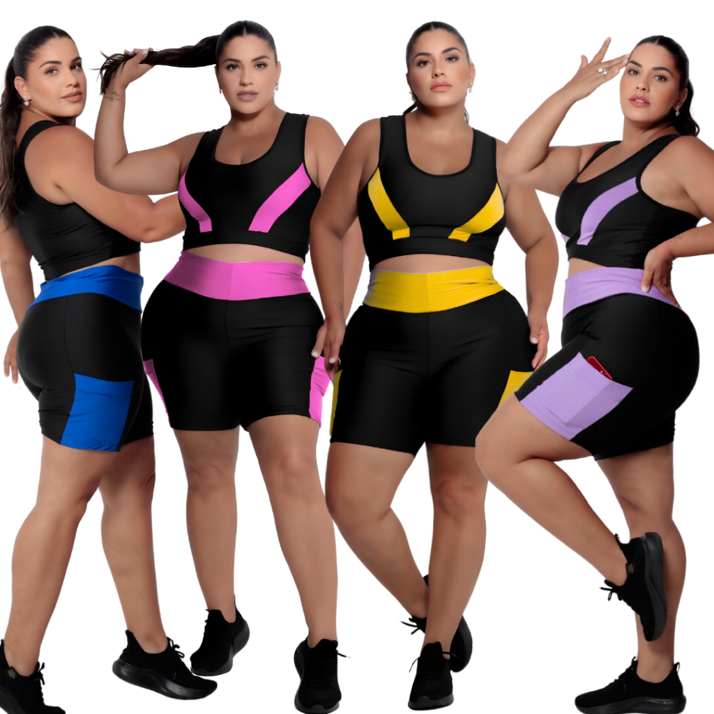 Kit 4 Conjuntos Fitness Short c/bolso + Top Plus size e Slim (40 ao 54) Modelo curves feminino em Oferta na Shopee
