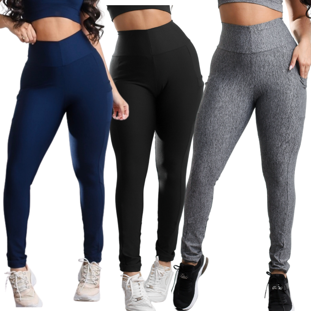 Kit 3 Calças Legging Fitness com Bolso porta celular feminino Academia Treino caminhada