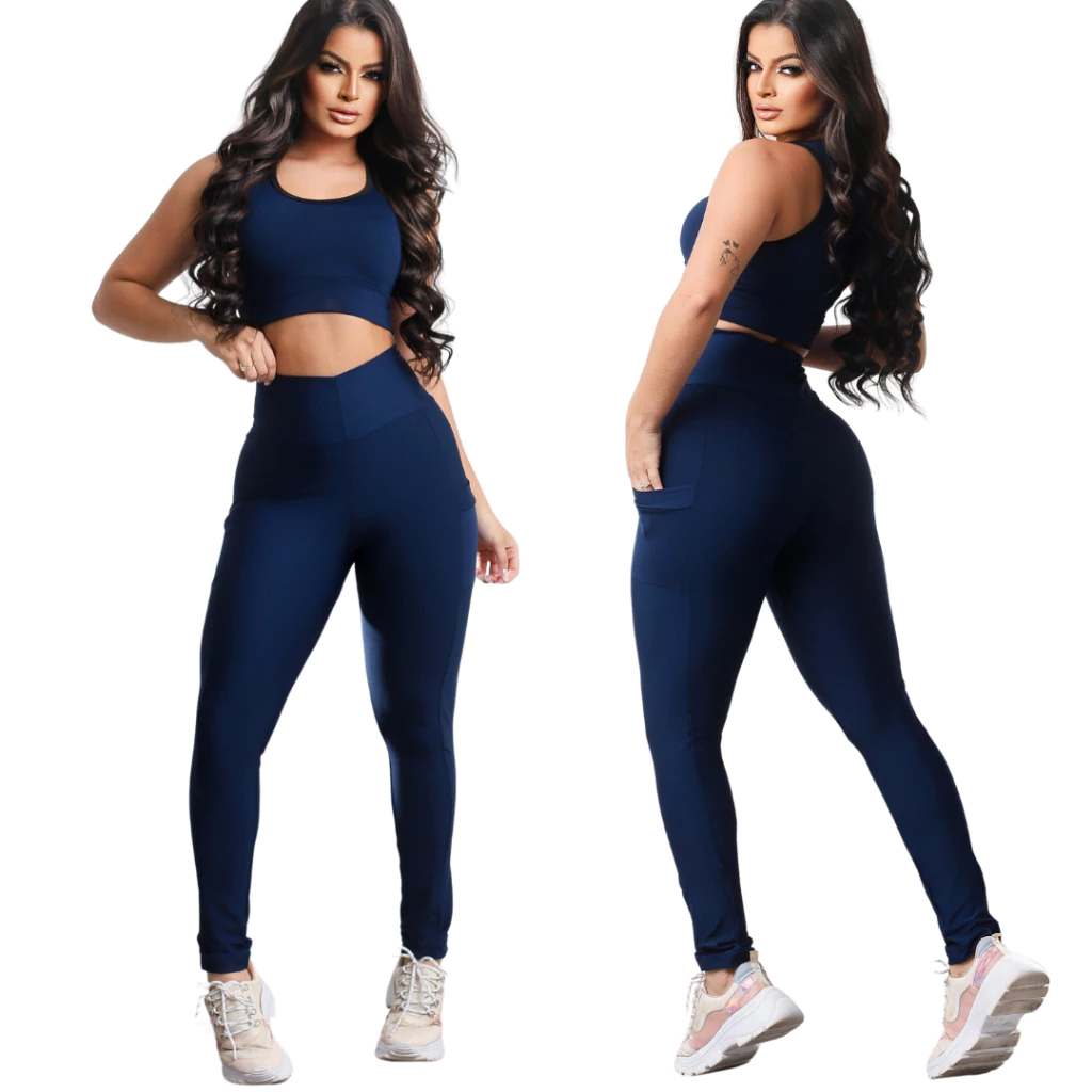 Conjunto de academia feminino Top + Legging com Bolso porta celular roupa Fitness — imagem 1