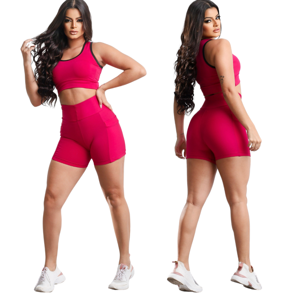 Conjunto de academia feminino Top + Short com Bolso porta celular Fitness Suplex Premium