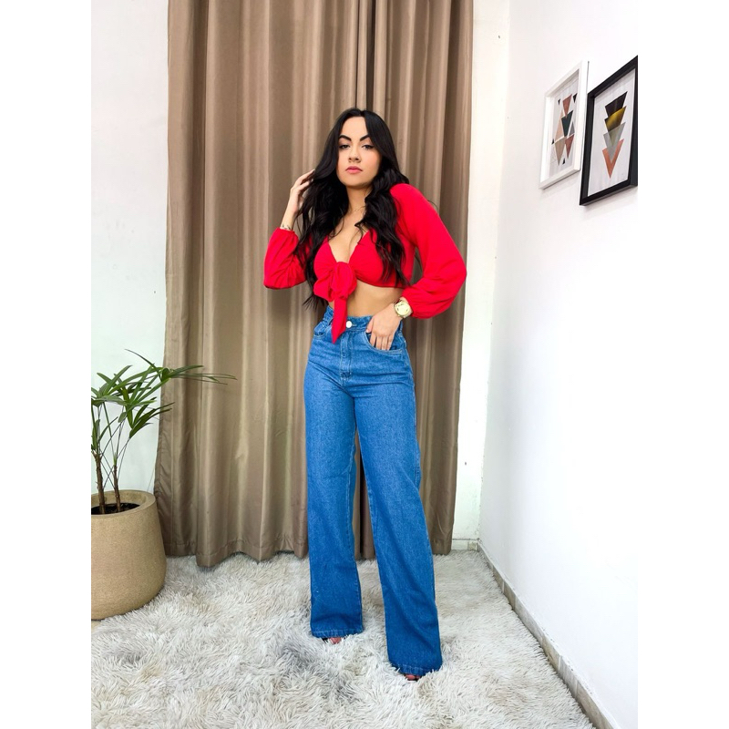 Calça Wide Leg Jeans Feminina liso Pantalona Cintura Alta Flare Baggy Mulher Linda