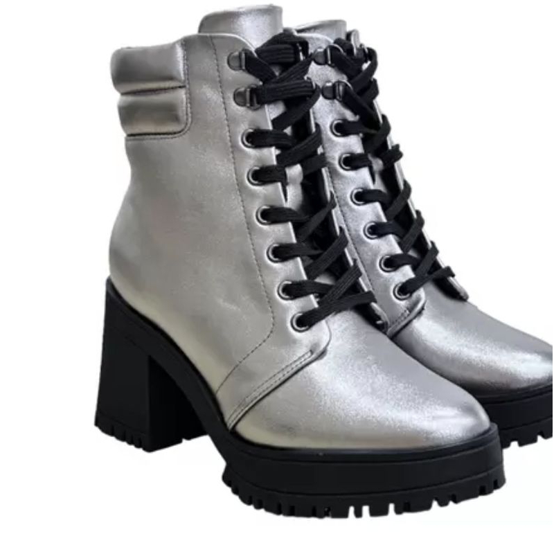 Bota Coturno Vizzano Feminina Metalizada Tratorada Cano Curto