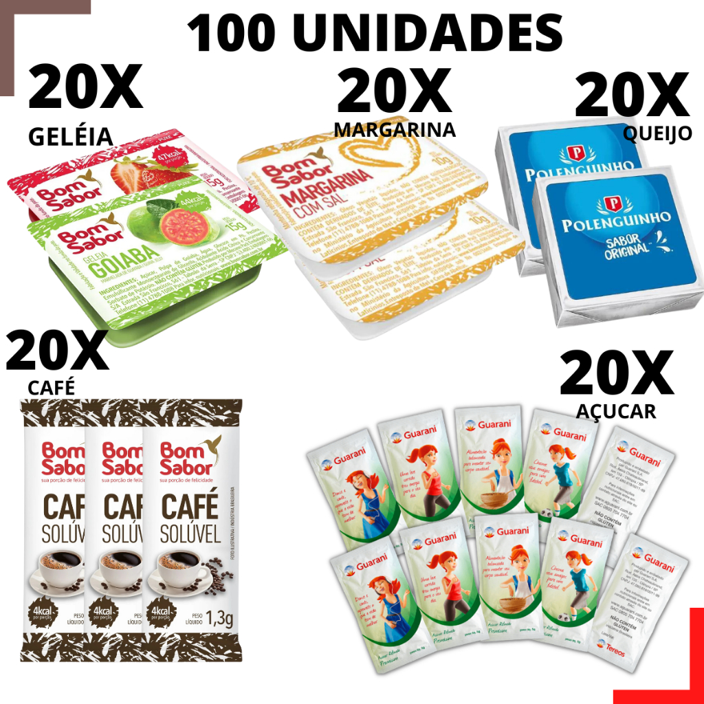 Kit em saches para montar cestas 100/80/60 unidades café/açúcar/margarina/geleia/polenguinho/mel em Oferta na Shopee